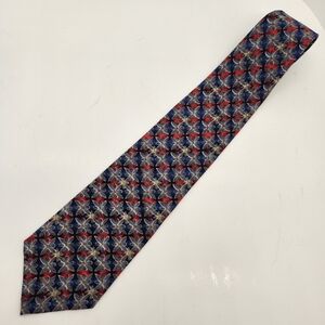 Vintage 90s Oscar de la Renta tie blue red floral necktie geometric Made in USA